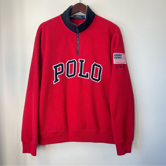 Polo Ralph Lauren Mens Large Red 1/4-Zip Fleece Pullover Sweater USA Flag Patch - Picture 4 of 15